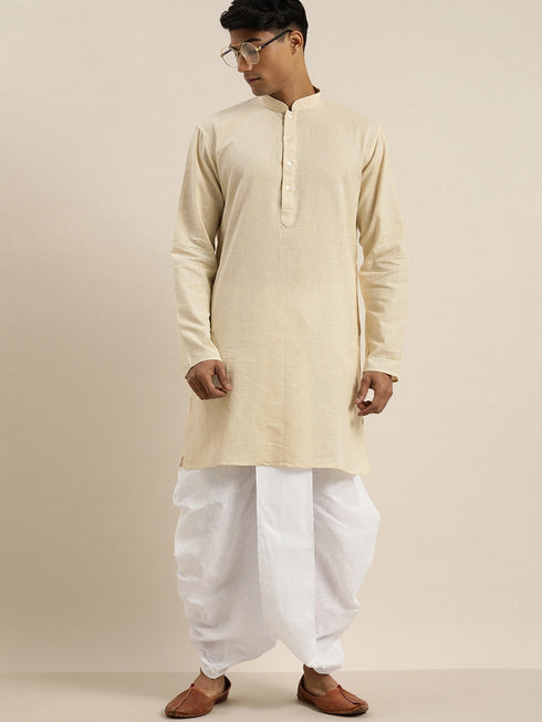 Vastramay Men's Beige Pure Cotton Kurta with Dhoti Pant Set